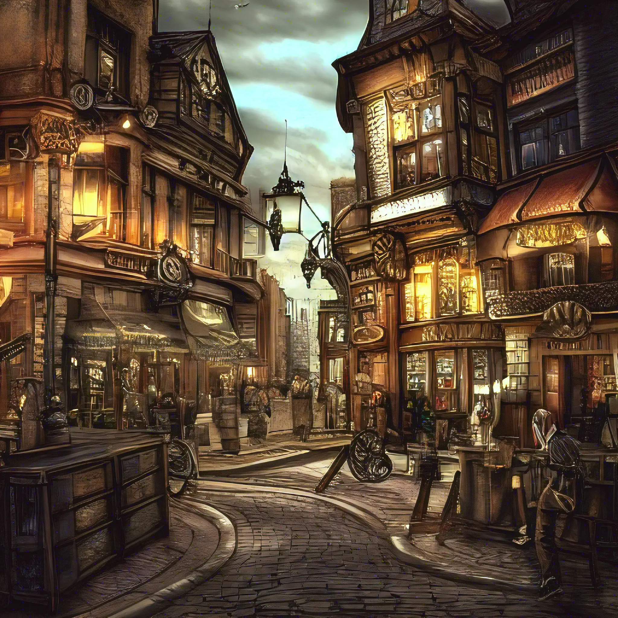 Picture of a street looking medieval with wooden houses around