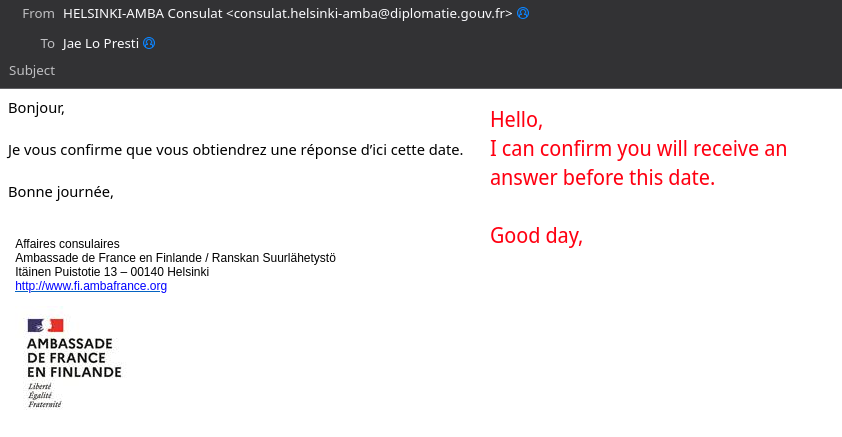 Screenshot of thunderbird with email from french embassy