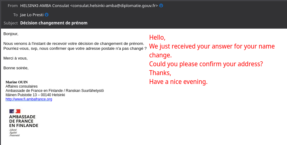 Screenshot of thunderbird with email from french embassy